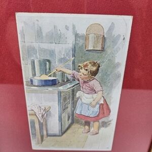 Framed Wall Art Vintage Postcard Girl Cooking Cottagecore Ready To Hang Kitchen